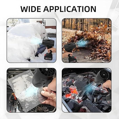 Cordless turbo jet blower in action, clearing snow, leaves, and dirt for versatile outdoor use