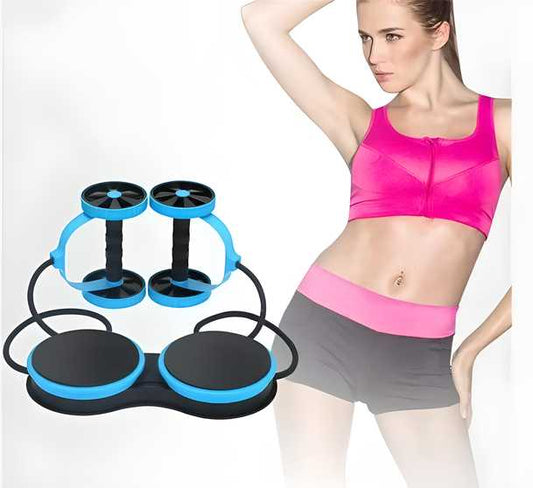 Core strengthening ab roller with dual wheel design and resistance bands next to woman in pink sports bra