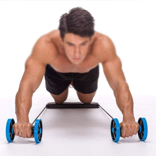 Man exercising with The Gir Farmer core strengthening ab roller with blue wheels on white background