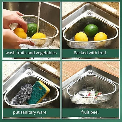 The Gir Farmer corner sink strainer for kitchen showing multi-use for washing fruits, holding fruit, sanitary ware, and fruit peels