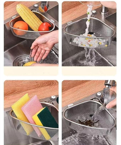 Corner sink strainer for kitchen holding vegetables, food scraps, and cleaning sponges in a stainless steel kitchen sink