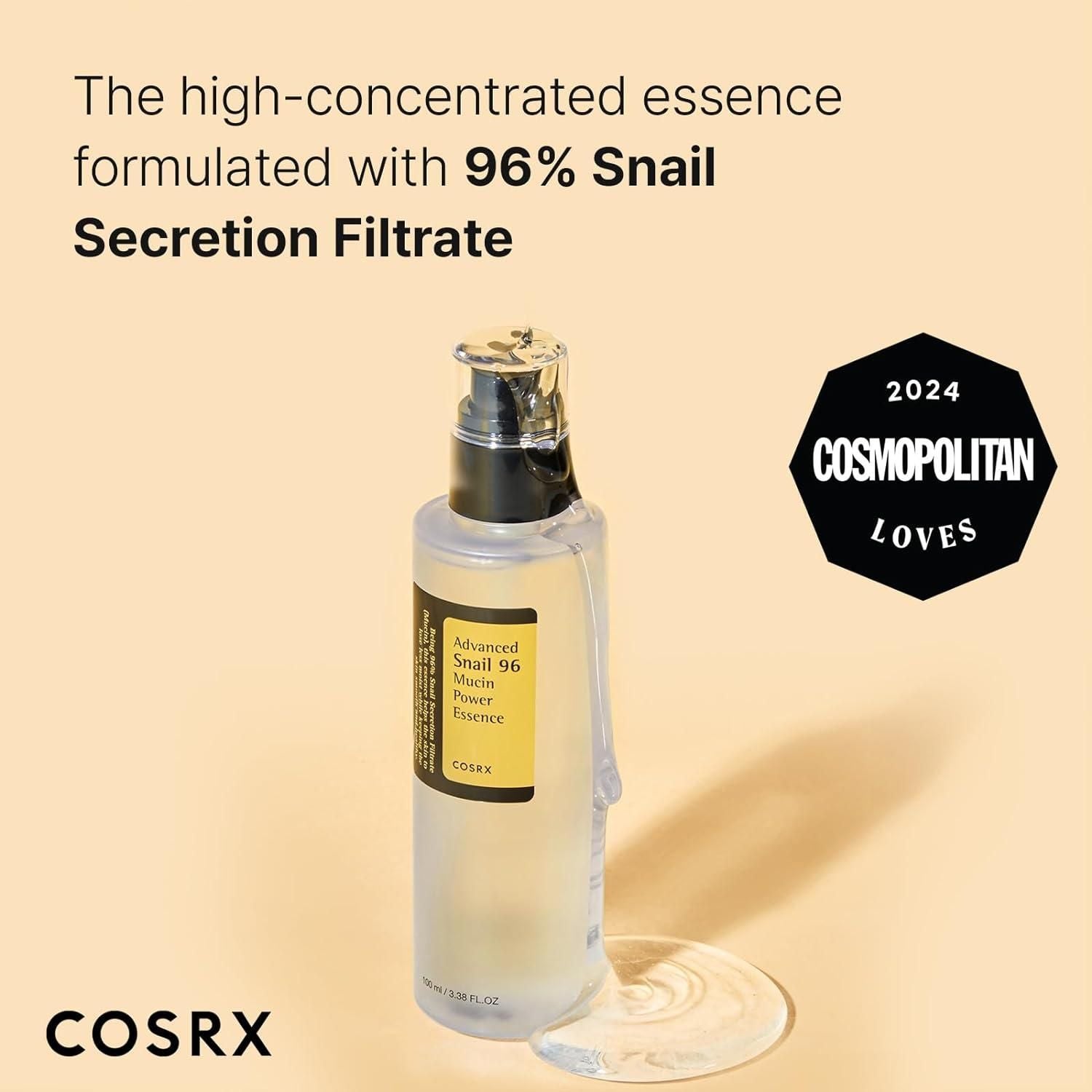 COSRX Advanced Snail 96 Power Essence formulated with 96% Snail Mucin Power Essence for skin hydration