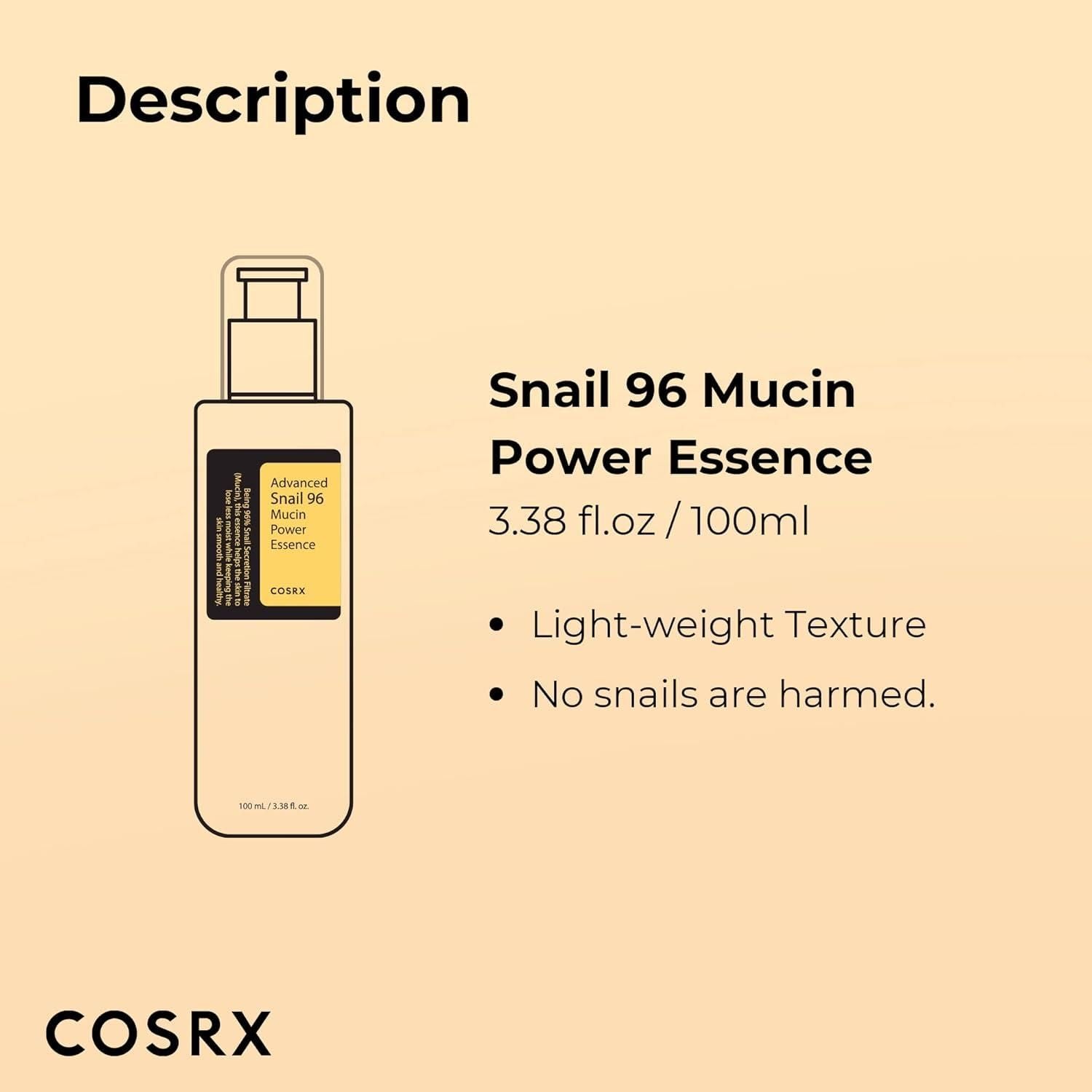 COSRX Snail Mucin Power Essence with lightweight texture in 3.38 fl oz bottle for skincare