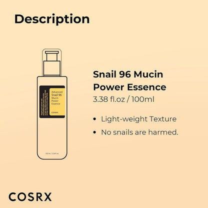 COSRX Snail Mucin Power Essence with lightweight texture in 3.38 fl oz bottle for skincare