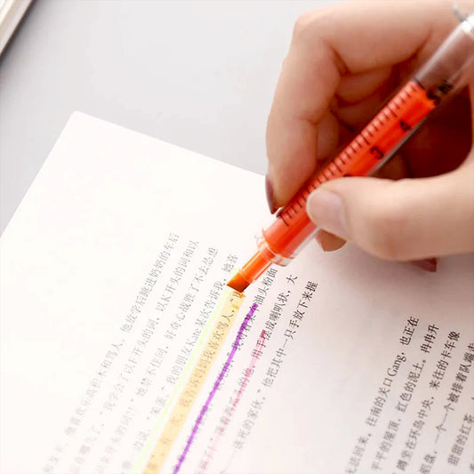 Your Brand creative fluorescent highlighter pen in use, highlighting text with vibrant colors