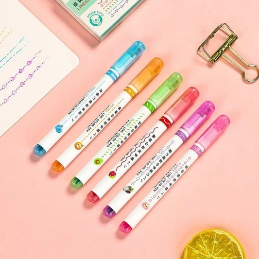 Set of six colorful curve shape highlighter pens in various vibrant colors for artistic use