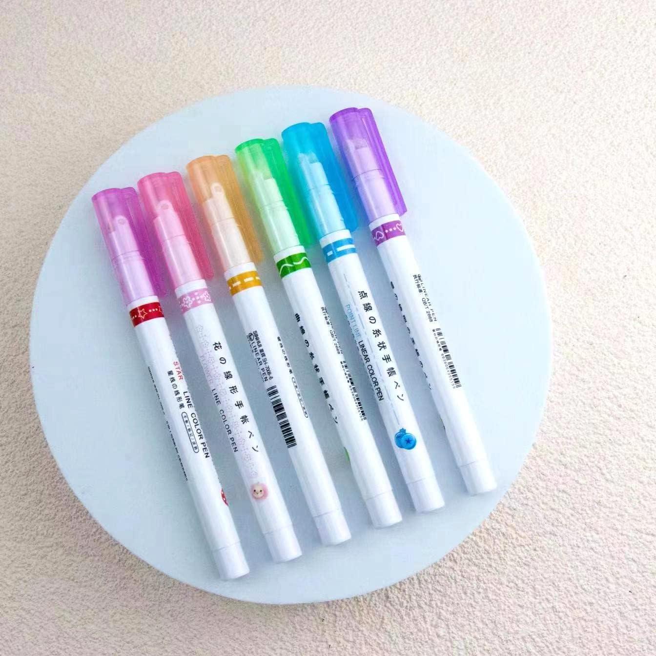 Set of six curve shape highlighter pens in assorted colors on a round display surface