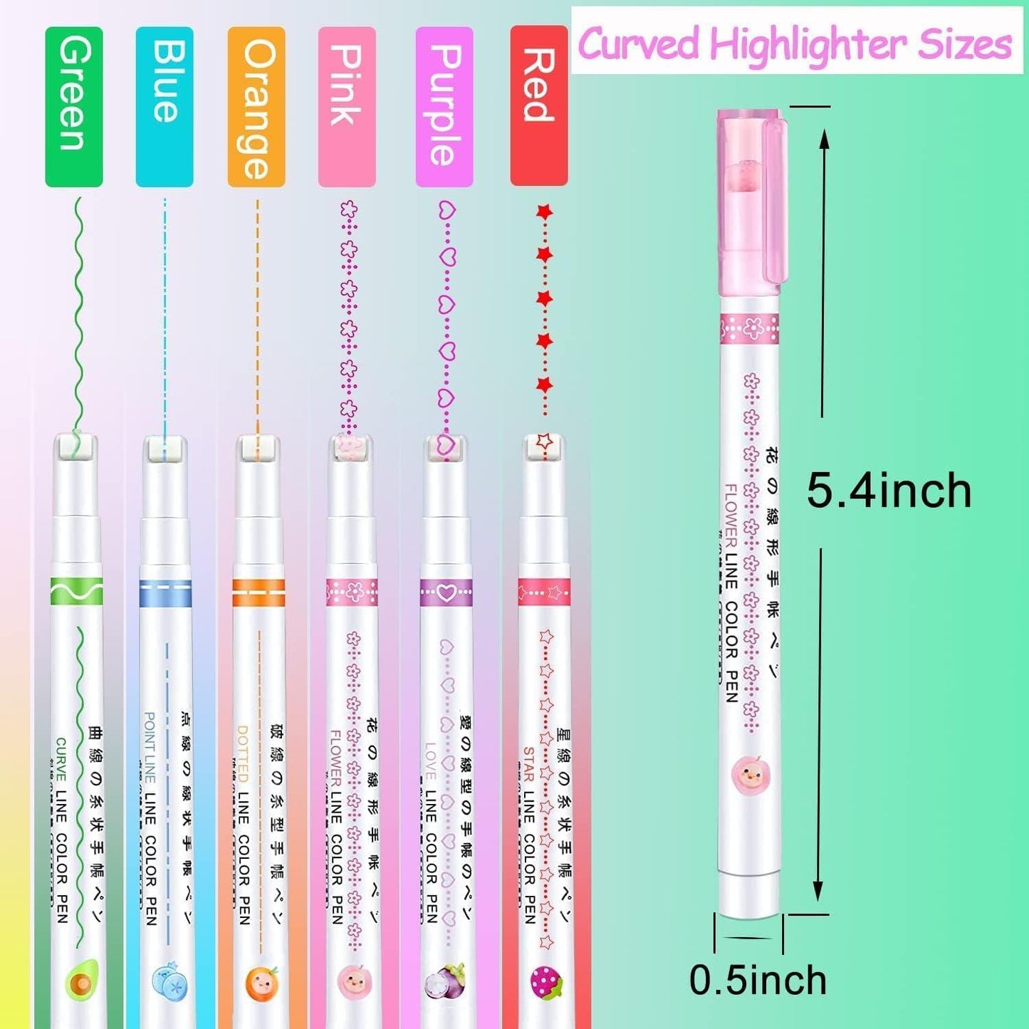 Set of curve shape highlighter pens in various colors with size dimensions of 5.4 inches and 0.5 inches