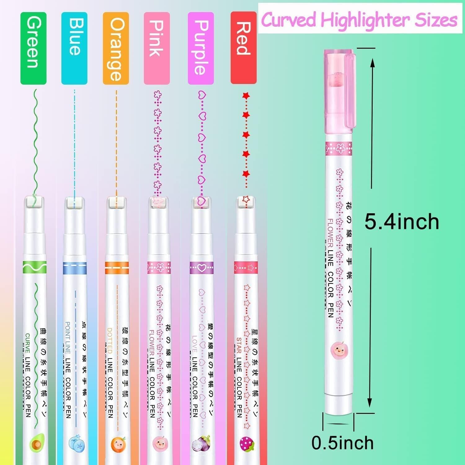 Set of curve shape highlighter pens in various colors with size dimensions of 5.4 inches and 0.5 inches
