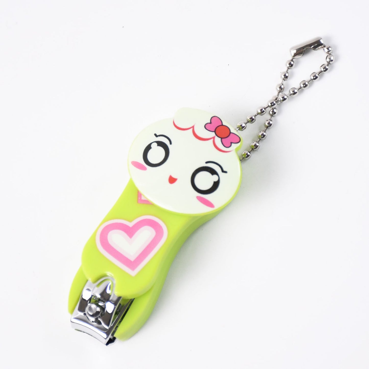 Cute cartoon nail clipper in green with a smiling face and a heart design for easy nail care