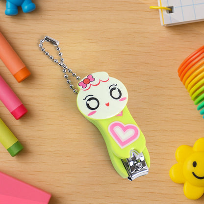 Cute cartoon nail clipper in green with a smiling face design and keychain for easy carrying