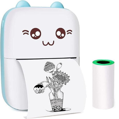 Cute white and blue inkless pocket printer printing a black and white flower vase illustration