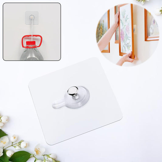 Damage-free wall hooks for photo frames shown in use with a bottle and hanging artwork
