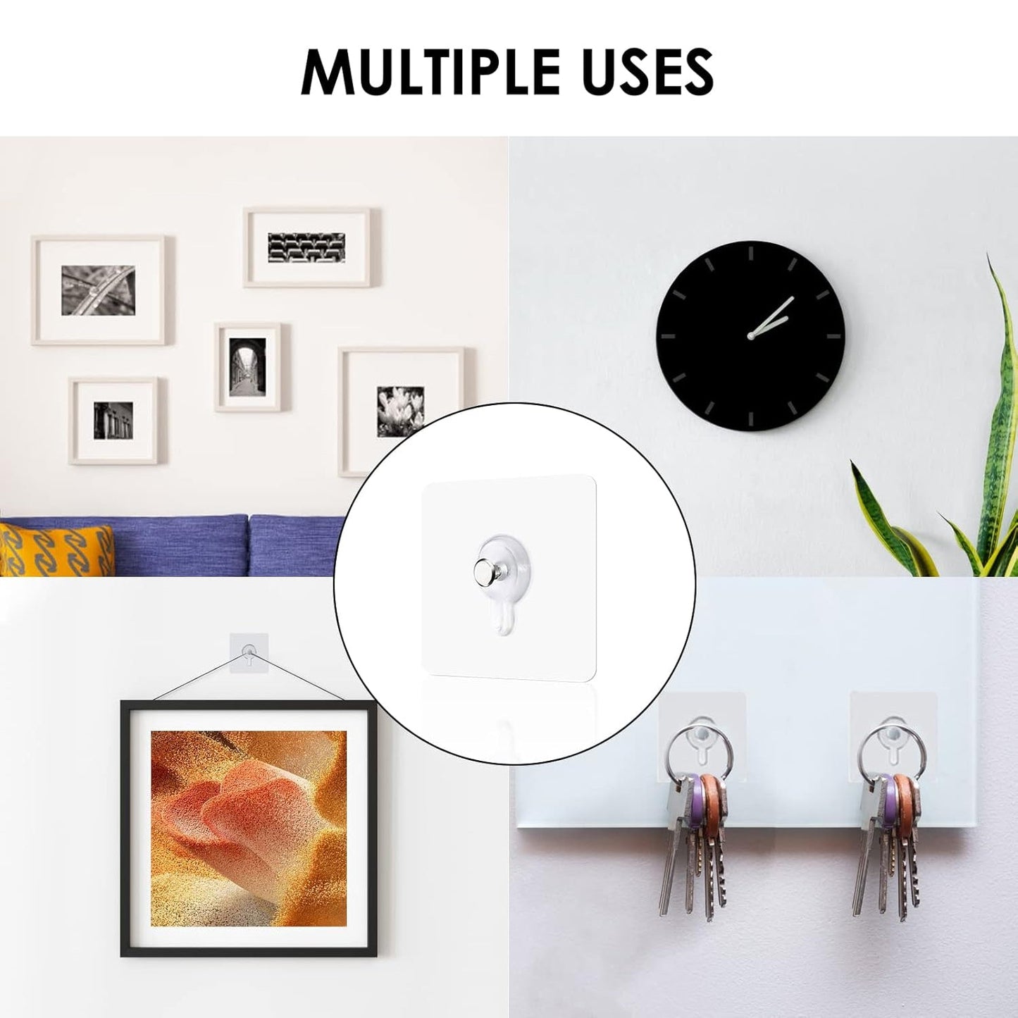 Damage-free wall hooks for photo frames in various uses, including hanging art and organizing keys