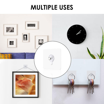 Damage-free wall hooks for photo frames in various uses, including hanging art and organizing keys