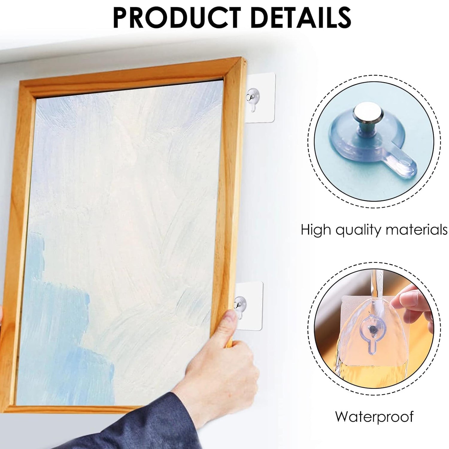 Damage-free wall hooks for photo frames, designed for easy installation and waterproof quality.