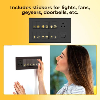 THE GIR FARMER decorative light switch stickers with icons for lights fans geysers and doorbells on black panel