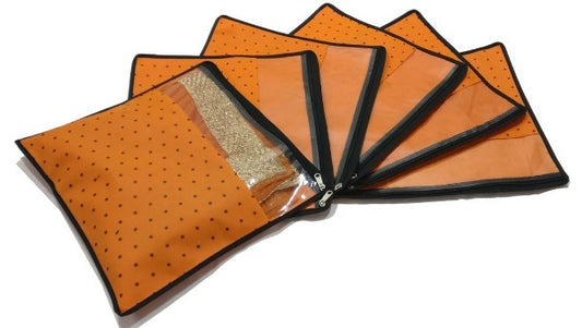 The Gir Farmer designer saree organizer pack with orange zippered storage bags for saree protection