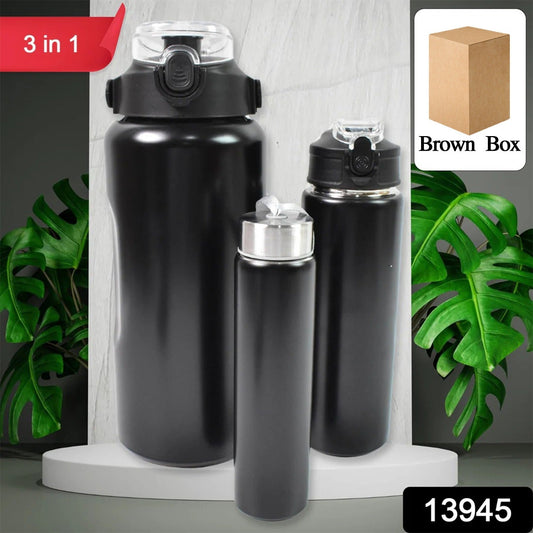 3 In 1 Stainless Steel Insulated Water Bottle, Double Wall Vacuum (3 Pcs Set / Different Size) Your Brand