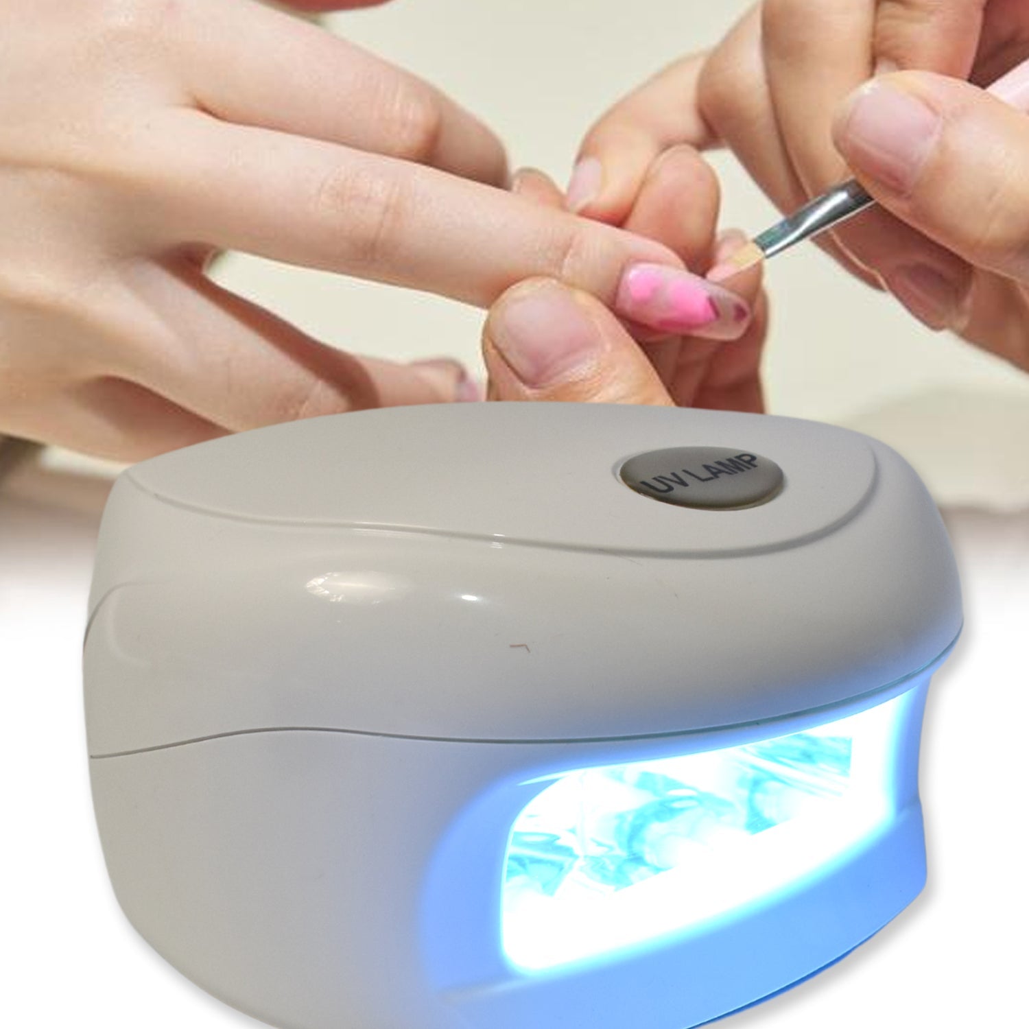 LED UV nail lamp for gel polish with a user applying nail color in a salon setting
