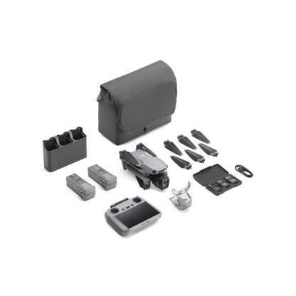 DJI Air 3S Fly More Combo featuring drone, remote, batteries, and accessories in an organized layout