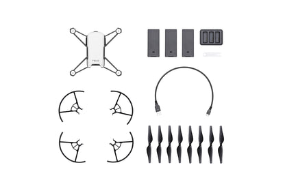 DJI Tello Boost Combo drone with extra batteries, propellers, and charging accessories arranged neatly