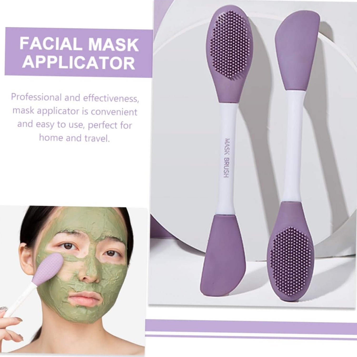 Double-headed silicone mask brush for easy application of facial masks at home and on the go
