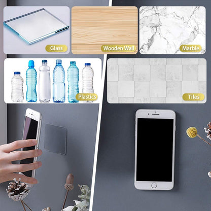 Double-sided nano adhesive tape samples on glass, wood, marble, plastic, and tile surfaces