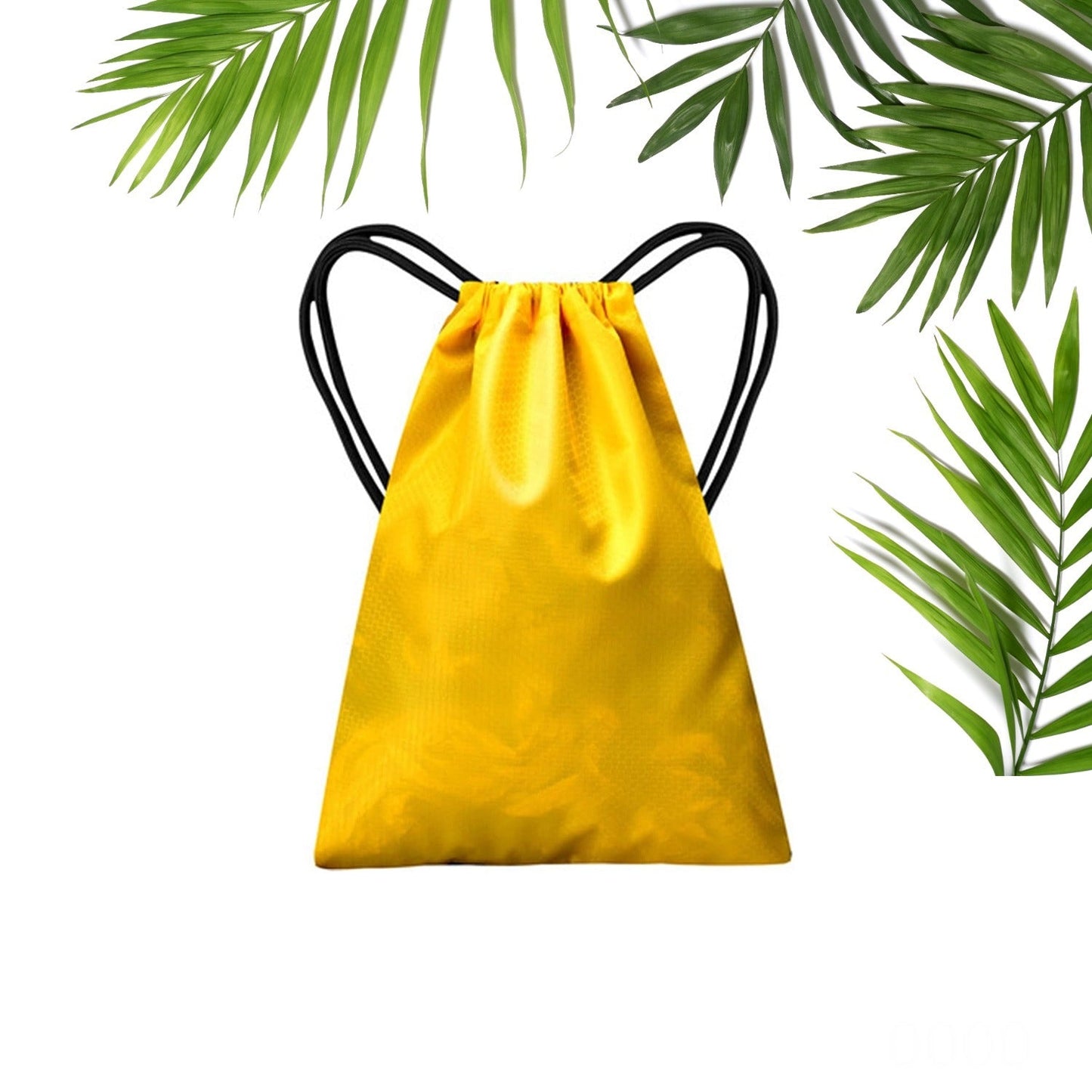 Yellow drawstring sport bag for gym with black drawstrings, ideal for workout essentials