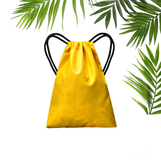 Yellow drawstring sport bag for gym with black drawstrings, ideal for workout essentials