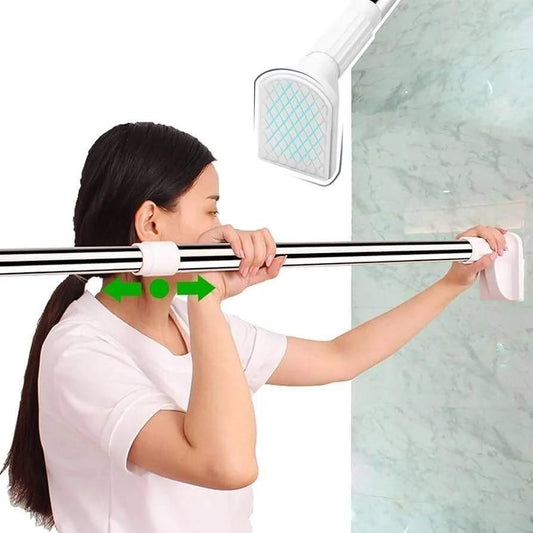 Woman installing THE GIR FARMER drill-free adjustable curtain rod on marble wall without tools
