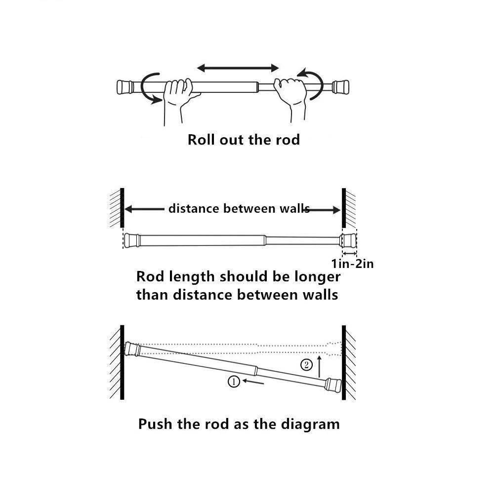 Instruction diagram for installing a drill-free adjustable curtain rod showing how to roll out and position the rod between walls