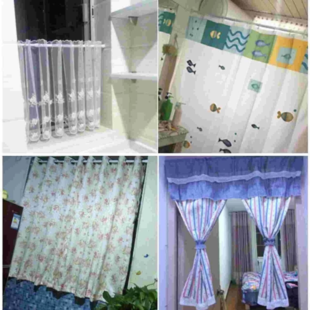 Various curtains installed using drill-free adjustable curtain rod showcasing different styles and patterns in home settings