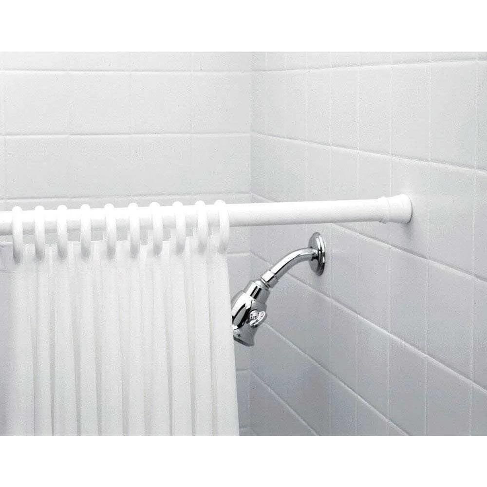 THE GIR FARMER white drill-free adjustable curtain rod installed on tiled bathroom walls with a white shower curtain