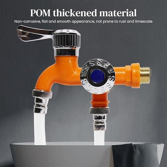 Orange dual control kitchen faucet with chrome handles and flowing water over gray basin
