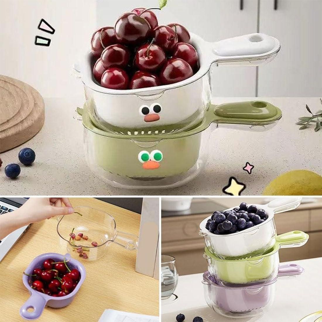 THE GIR FARMER dual layer fruit and veggie strainer set with cute face design holding cherries and blueberries