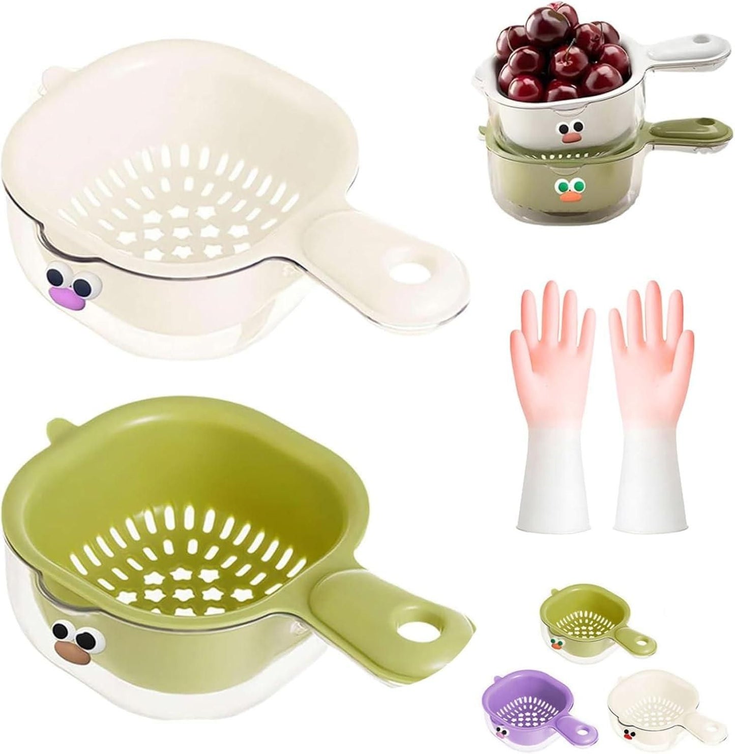 THE GIR FARMER dual layer fruit and veggie strainer set in green, white, and purple with cute face designs