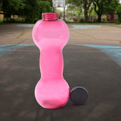 Pink dumbbell shape water bottle with a sleek design, ideal for workouts and hydration