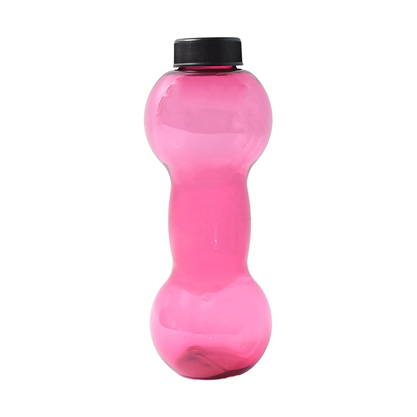 Pink dumbbell shape water bottle with a tight black lid for gym enthusiasts and fitness lovers