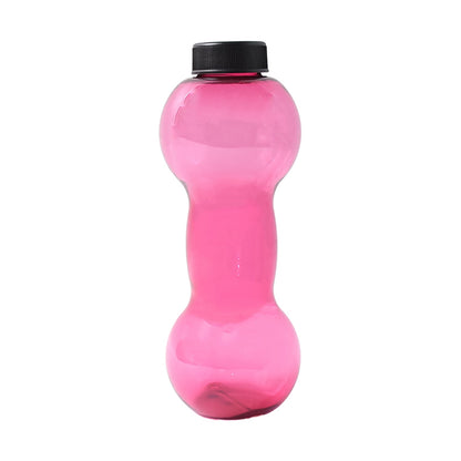 Pink dumbbell shape water bottle with a tight black lid for gym enthusiasts and fitness lovers