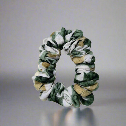 Durable printed hair accessories scrunchie in green white and beige camo pattern by Amd-Deodap