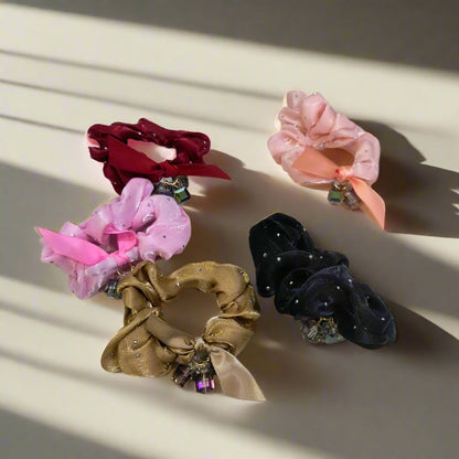 Luxury Crystal Rhinestone Glossy Satin Silk Hair Scrunchies - Large Elastic Hair Bands for Women & Girls