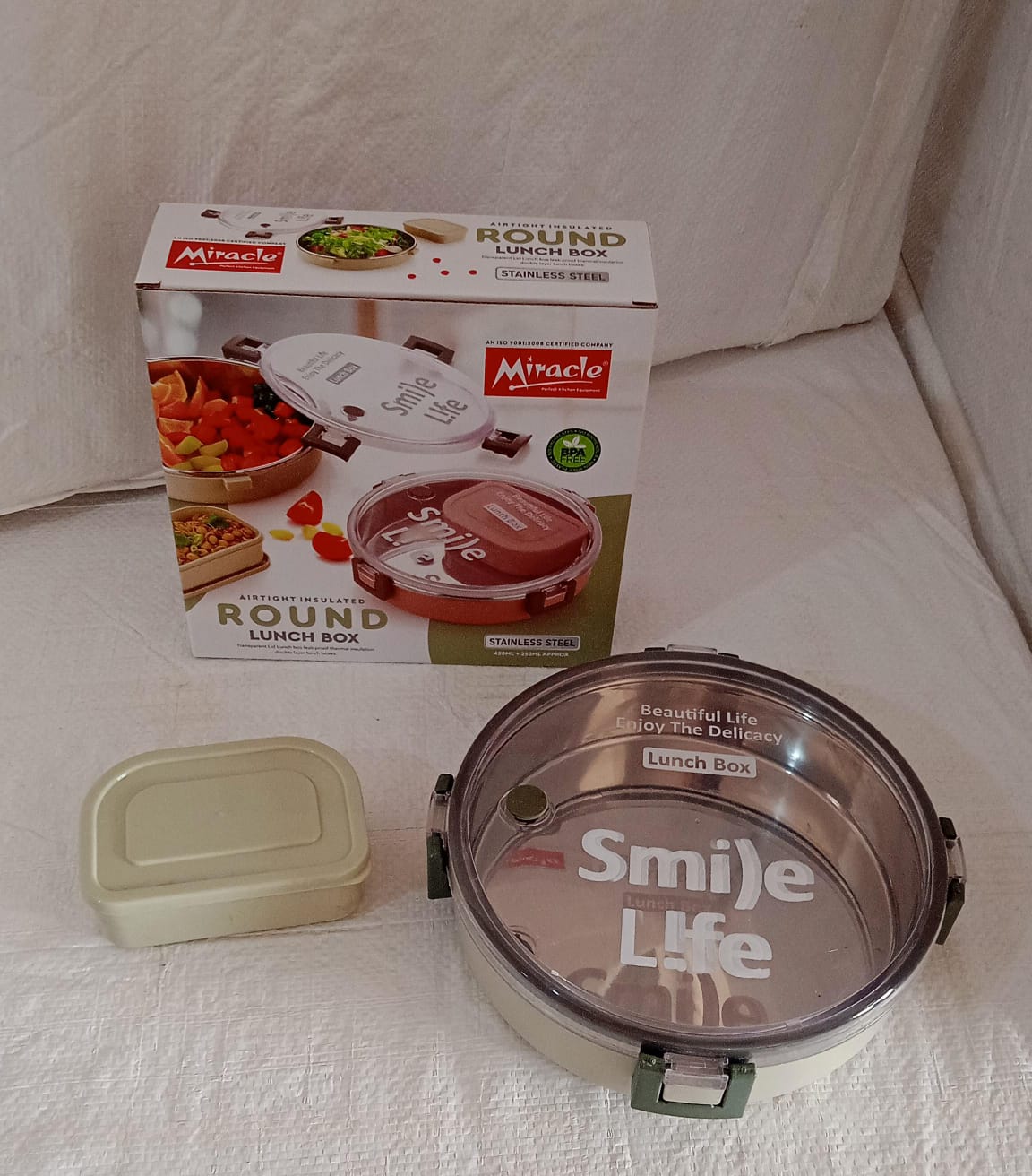 Miracle Stainless Steel Round Lunch Box, with Small Plastic Box Insert Leak Proof Lunch Box with Transparent lid, Lunch Box for Kids & Adults for School, Office (450 ML + 250 ML Approx) Your Brand
