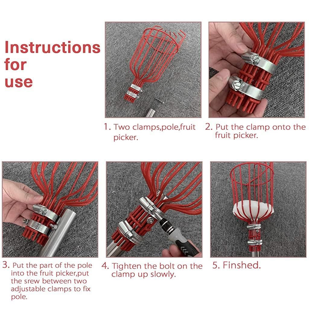 Instructions for assembling the easy fruit picking basket showing clamps, pole, and fruit picker setup
