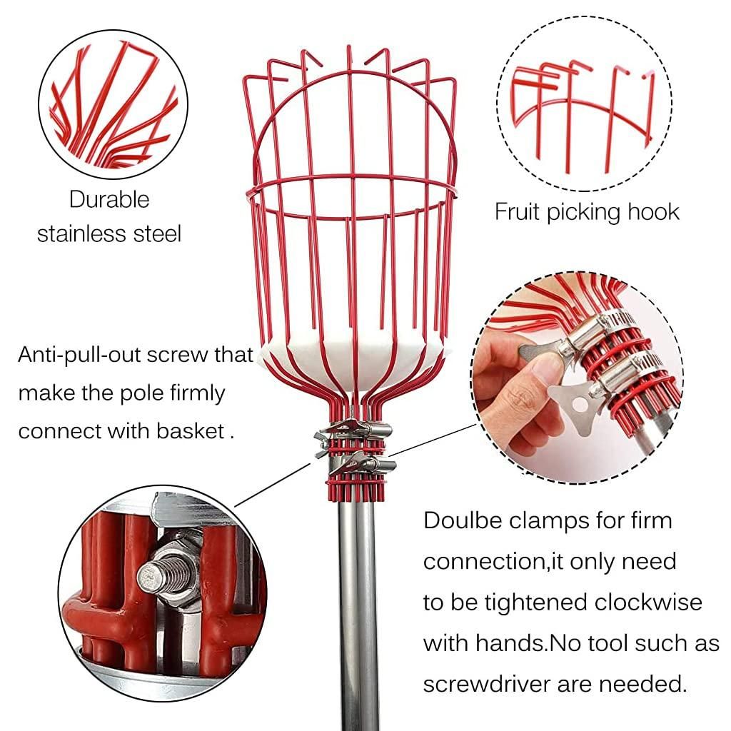 The Gir Farmer easy fruit picking basket with durable stainless steel hooks and double clamps for firm connection
