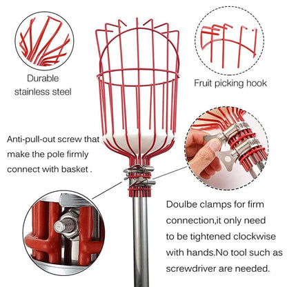 The Gir Farmer easy fruit picking basket with durable stainless steel hooks and double clamps for firm connection