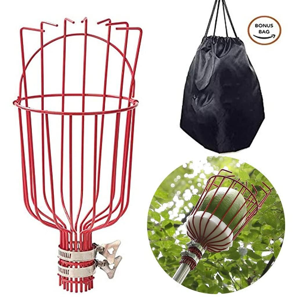 The Gir Farmer easy fruit picking basket in red metal with bonus black carrying bag for harvesting fruit