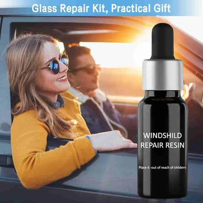 Windshield repair resin bottle next to smiling woman in car showcasing easy home glass repair solution