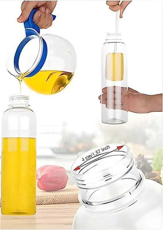 Clear easy pour oil dispenser bottles with wide mouth and blue handle lid for smooth pouring