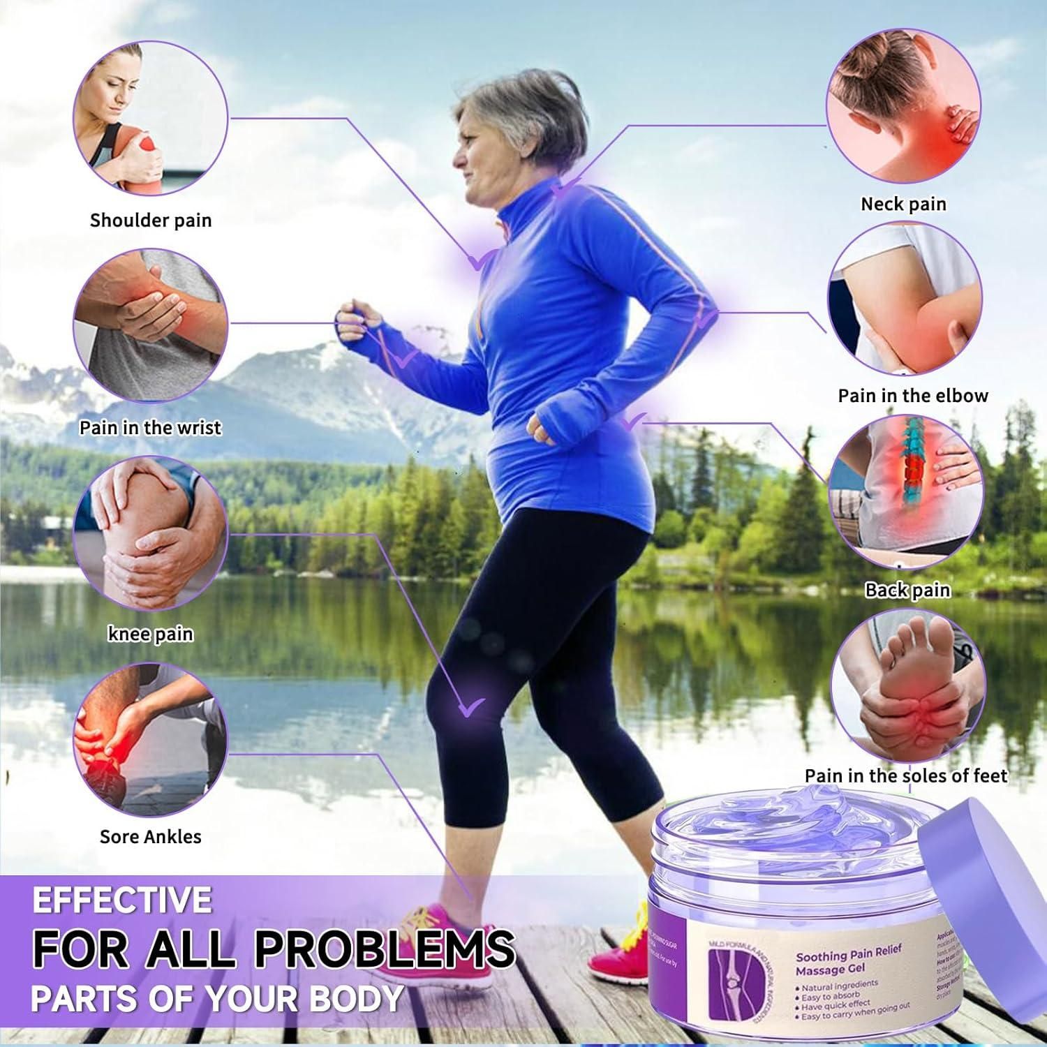 Soothing pain relief gel for all body parts, including back, neck, and knee, with a user demonstrating relief outdoors